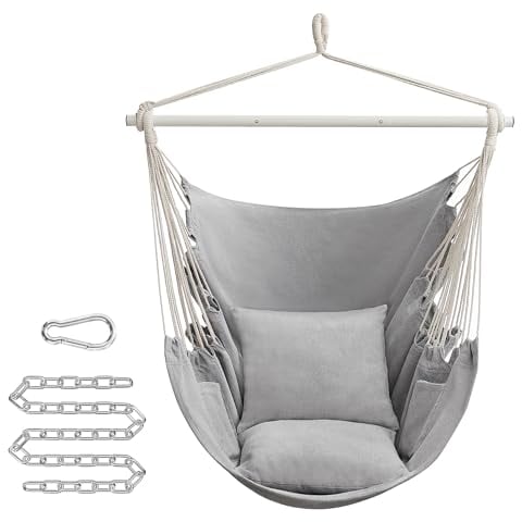 SONGMICS Hängesessel, Hängeschaukel, Hängestuhl mit 2 Kissen, Metallkette, bis 150 kg belastbar, Indoor und Outdoor, Wohnzimmer, Schlafzimmer, Taubengrau GDC197G01