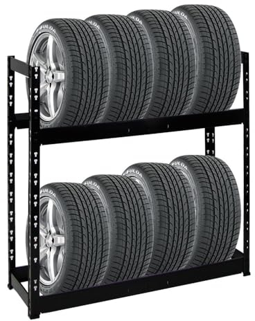 PROREGAL Reifenregal Tiger | HxBxT 100x110x35cm | 150kg Fachlast | bis zu 8 Reifen | mit 2 Ebenen | Schwarz Reifenständer Garagenregal
