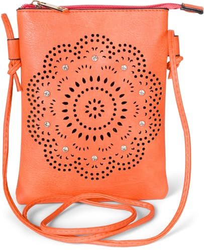 styleBREAKER Damen Mini Bag Umhängetasche mit Blumen Lasercut Cutout Muster und Strass, Schultertasche, Handtasche 02012367, Farbe:Orange