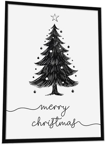 JUHMI Xmas Poster, A3 (30x42 cm) Deko mit Spruch zu Weihnachten, Wohnzimmer Wanddeko, Schlafzimmer, Küche Dekoration mit und ohne Rahmen, Merry Christmas Baum Schwarz Weiss