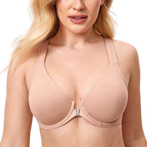 DELIMIRA Women's Front Fastening Bras Seamless Unlined Racer Back Plus Size Underwired Plunge Bra Oatmeal Heather 40G