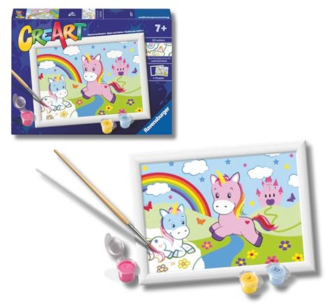 Ravensburger CreArt: Einhörner mit Regenbogen — Malen mit Zahlen für Kinder ab 7 Jahren, Malset mit Brettern, Rahmen, Pinsel und Farben im Lieferumfang enthalten, 14 x 19 cm, Geschenkideen