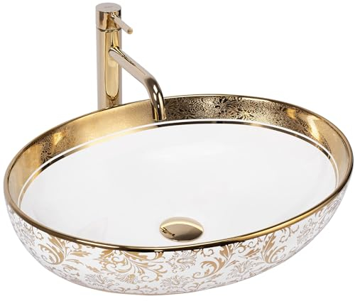 Rea Aufsatzwaschbecken MARGOT WHITE/GOLD Waschtisch Handwaschbecken Waschschale Waschbecken für Badezimmer aus hochwertiger Keramik 40 x 52 x 13,5 cm (Weiß)