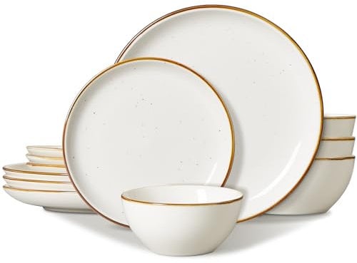 ONEMORE Servizio Piatti 12 Pezzi, Servizio da Tavola 4 persone, Set Piatti in Gres con 4 Piatti Piani, 4 Piatti da Dessert, 4 Ciotole Cereali, Bianco Crema