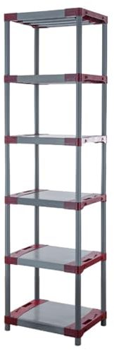 PROREGAL Kunststoffregal Grey Bear | Extra-Tall | HxBxT 220x70x46cm | Fachlast 120kg | Grau-Rot | Plastikregal Kellerregal Lagerregal Steckregal