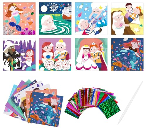 Ainiv DIY Färben Aufkleber Kinder Bastelsets, Glitzer Transferfolie Handwerk Kits, Foil Art for Kids, Kreatives Reisespielzeug, Handgefertigtes Lernspielzeugset, Geschenke für Jungen Mädchen Alter 4-9