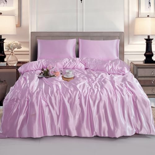 ROOEE Silk Satin Duvet Cover with Pillowcases Bedding Set for Single Double King Size Bed Easy Care Luxury Ultra Soft Quilt Cover (LILAC, King)