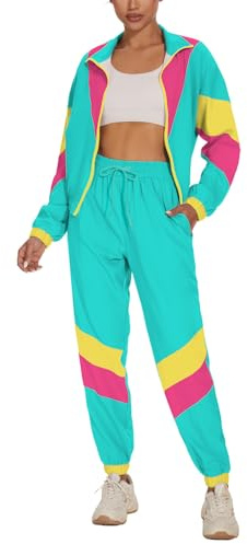 UOUA Frauen Farbe Block 2 Stück 80er 90er Outfits Langärmel Windbreaker Jacke Trainingsanzug Set