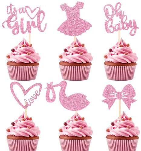 42Pcs Gender Reveal Cupcake Toppers,Pink Cupcake Toppers It's a Girl Baby Shower Decorations Bow Dress Cupcake Toppers for Birthday Party Decorations Supplies