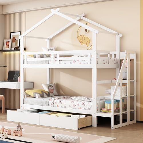 Etagenbett Kinderbett 90x200, Hochbett Kinder mit Rutsche, Stockbett Für 2 Kinder, Hausbett, Etagenbettrahmen, Spielbett, Jugendbett, Etagenbett, ohne matratze (Etagenbett mit Treppe & Schubladen)