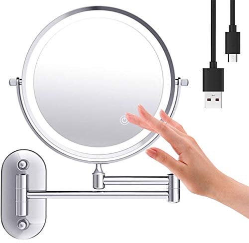 An der Wand montierter Schminkspiegel, 5-fache Vergrößerung, doppelseitiger, klappbarer LED-Badezimmerspiegel, einziehbarer, um 360 ° schwenkbarer, beleuchteter Kosmetikspiegel, wiederaufladbar über U