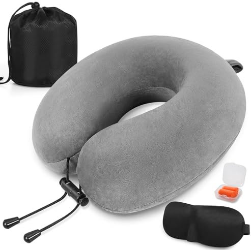 Cuscino da viaggio, Cuscino collo in memory foam, Cuscino di supporto, Cuscino Cervicale da Viaggio per Auto, Viaggio con Maschera per gli Occhi e Tappi per le Orecchie, Borsa da Viaggio (Grigio)