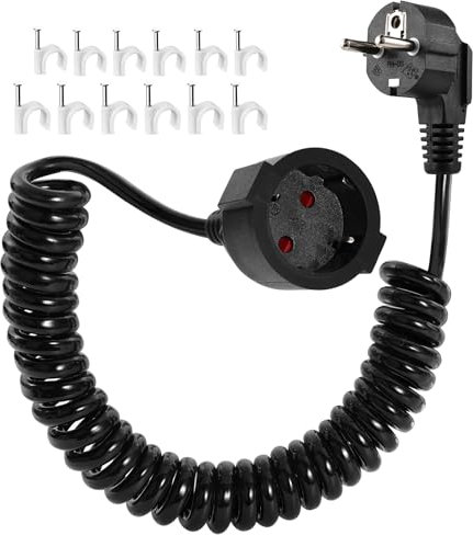 Schutzkontakt Spiralverlängerung 2M, Schuko Verlängerungskabel Spiralkabel Verlängerung dehnbar von 0.75m auf 2m, 3680W Spiralleitung Kabelstecker Spiral Kabel mit Schuko Stecker & Kupplung,Schwarz 