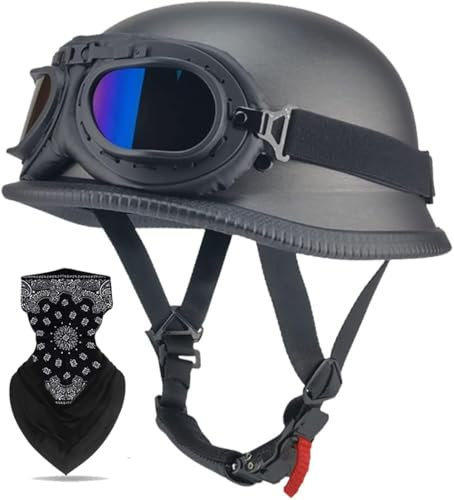 Labzaa Vintage Deutsche Motorrad Halbschalenhelm mit ECE, Retro Half Öffnen Jethelm mit Schutzbrille für Bike Cruiser Chopper Moped Scooter ATV Männer und Frauen Helm F XXL