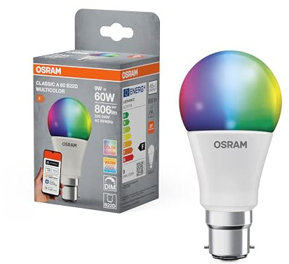 OSRAM SMART+ RGBW, B22d LED-Lampe mit Matter over Wifi, speziell entwickelt für ALEXA - einfache Einrichtung per Klick, 60W-Ersatz, warmweiß bis kaltweiß(2700-6500K), 16 Mio RGB Farben, 1er-Pack