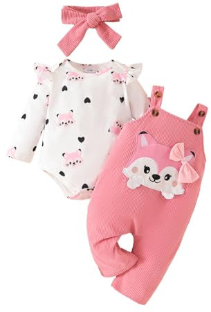 UUAISSO Vestiti per Neonate Top Floreali Tuta Orso Salopette Regolabile Tuta Set di Abiti Volpe rosa 12-18 mesi