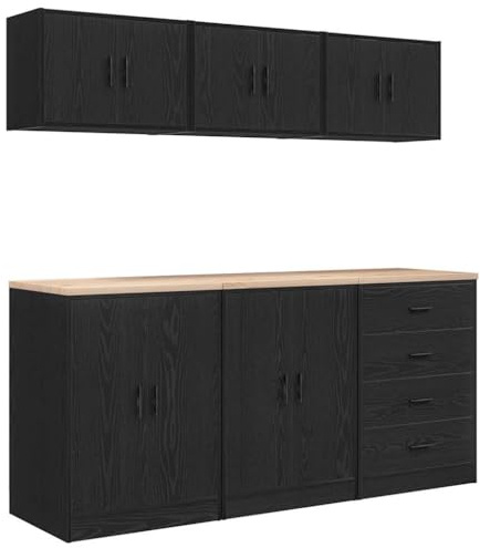 vidaXL Garage Cabinet Set - 6 Pcs Black Storage Solution for Garages and Workshops - Engineered Wood with Pine Worktop - Ample Space with Shelves & Drawers