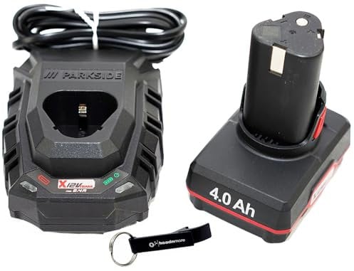 HEADNMORE® Bundle – Parkside® 12 V – 1 batteria da 4 Ah 4 Ah PAPK 12 B4 + 1 caricatore da 2,4 A PLGK 12 A3 – batteria per attrezzi + portachiavi HEADNMORE®