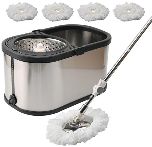 SANON Floor mop and Bucket Set Spin Mop Bucket Heavy- Duty Mop Bucket Spin Mop For Cleaning Floors Perfect and Dirty Water Separtered Of 1x Mop And 1x Bucket, Eco Packaging 4 Replacement Head Refill