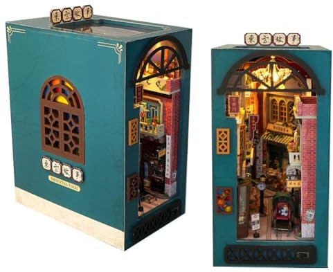 DIY Buch Winkel Kit mit Lichtern,3D Holz Buch Stand Puzzle DIY Miniatur Haus Kit Buch Winkel Modell Bausatz DIY Puppenhaus Kit für Erwachsene