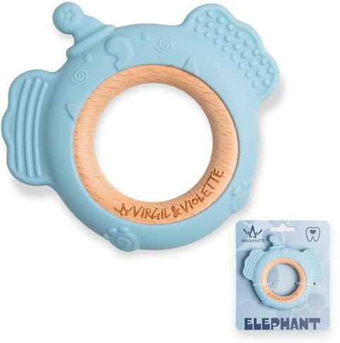 Virgil & Violette – Beißring Baby aus BPA-freiem Silikon und Holz, Zahnungshilfe ab 0 Monaten, strukturierter Greifring zur Zahnfleischmassage, Geschenk zur Geburt (Elefant)