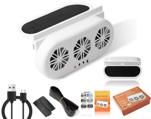 Ventilateur de voiture à énergie solaire avec triple tête et ports de charge USB pour une circulation de l'air efficace (blanc)