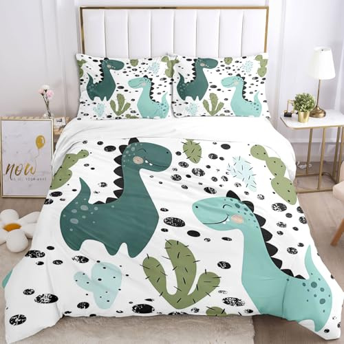 TSOPEFI Dinosaurier Muster Kinder Bettwäsche,Niedlich Cartoon Bunter Dinosaurier Druck Bettbezug,Verspielt Dekorativ Betten Set für Jungen Mädchen (C, 135x200cm)