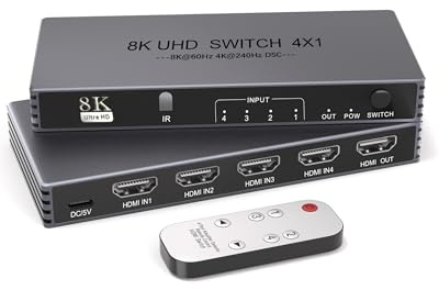 8K HDMI 2.1 Splitter 4 in 1 Out - 8K@60Hz, 4K@240Hz/144Hz/120Hz HDMI Switcher 4 Eingabe 1 Ausgabe – 4 Port Umschalter mit Remote Unterstützt HDR10+/HDCP2.3, für PS5/4/3 Roku Fire Stick TV Xbox