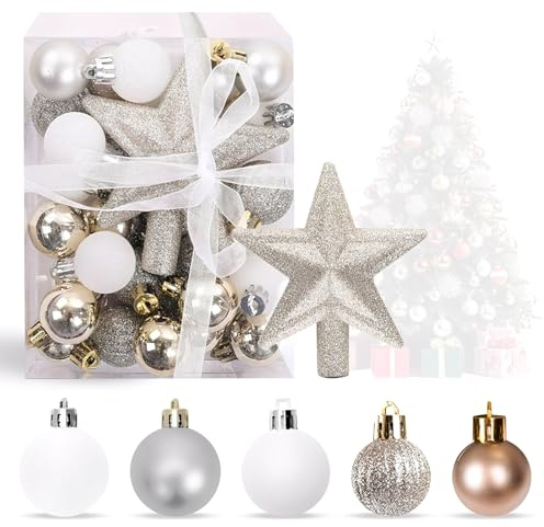 Weihnachtsbaum Deko Set - 29 Stück Mini Weihnachtskugeln Mit Weihnachtsbaumspitze Stern, Gold & Weiß & Silber 3 cm Kleine Weihnachtskugeln, Mini Christbaumkugeln Für Tisch-Weihnachtsbaumschmuck