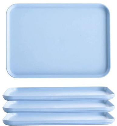 Modern Minimalist Serving Tray, 22.5×31cm Wheat Straw Serving Trays Set of 4, Wheat Straw + PP, Durable, Durable Stackable Tray for Coffee, Tea, Snacks, Breakfast, Hotel and Kitchen Use (Blue)
