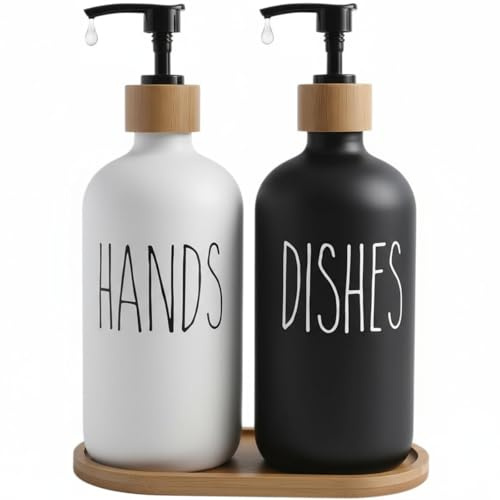 Küchen Seifenspender Set Glasflasche, Spülmittelspender für Küche mit Bambustablett, Seifenspender geeignet für Küche, Badezimmer und Waschküche (Weiß und Schwarz)