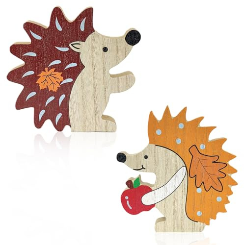 2 Stück Herbstdeko Holzigel, Holzdekoration aus Buchsbaum für Tisch, Wohnzimmer & Fenster, Indoor Herbstdekoration