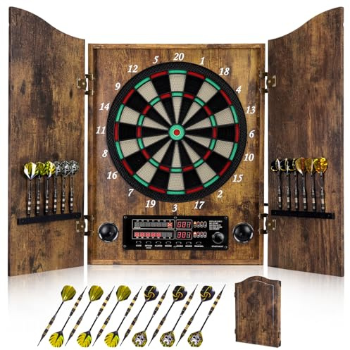 Yirinatek Dartscheibe Elektronisch, Elektronische Dartscheibe mit Schrank | [12 Bronze Soft-Tip Pfeile][Cricket-Spielmodus], Profi E Dart Scheibe mit Holzschrank, für Familienspiele und Bars-WEINFASS