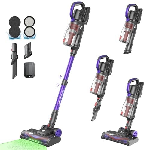 AlloyMove Akku Staubsauger Kabellos 48000Pa/450W/65Min, Leichter Staubsauger mit V-Anti-Tangle-Bürste mit LED-Licht, 65dB Ultra Leise, Selbststehend für Tierhaare Teppiche Hartböden A03