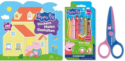 Peppa Pig Buch + Stifte + Schere | Peppa Wutz Set mit Taschenbuch Stickern Malen Gestalten, STAEDTLER Noris junior 6er Buntstifte Etui und Kinderschere für Kinder ab 3 Jahren