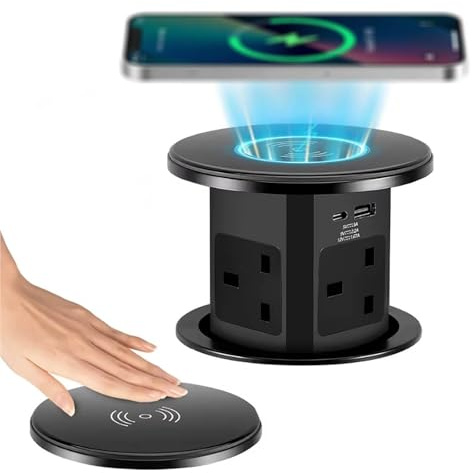 Pop-Up Tower Socket with 15W Wireless Charging 4 AC Outlets USB-C and USB-A Ports for Kitchen Island Conference Workbench Recessed Desktop Power Strip Hidden Tabletop Outlet Pro(Black)