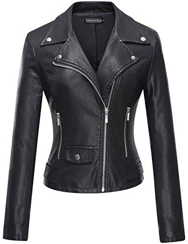 Tanming Women's Faux Leather Moto Biker Short Coat Jacket (Black-M)