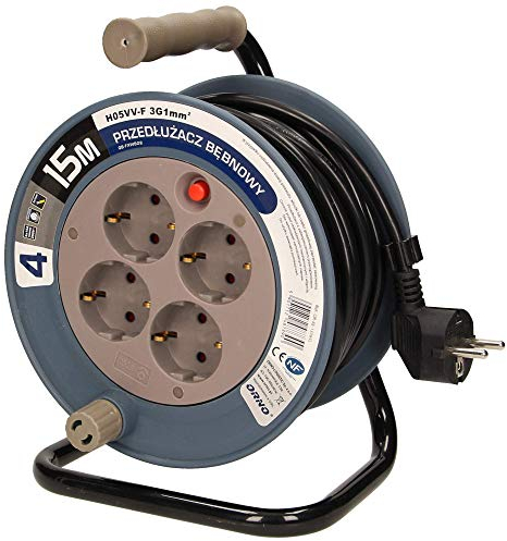 Orno AE-1339 Mini Enrouleur Electrique 15m avec 4 prises, Support métallique et Protection Thermique || 2300W / 10A, 230V, 50Hz || 18 x 24,5 x 14 cm (Gris)