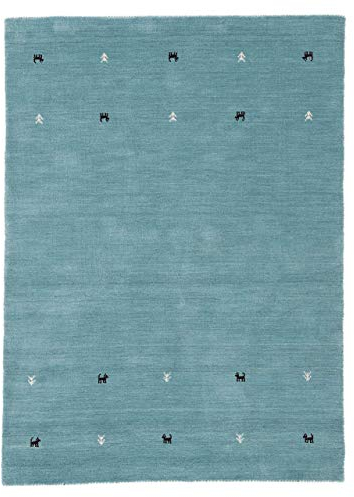 carpetfine Wollteppich Gabbeh Uni Türkis 80x150 cm | Moderner Teppich für Wohn- und Schlafzimmer