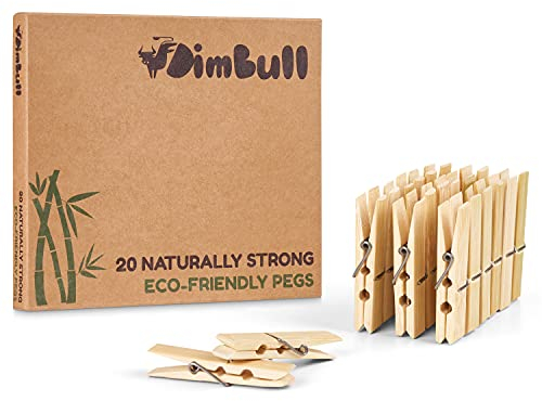 DimBull Natural Bamboo Clothes Pegs (Box of 20). 100% Natural, Biodegradable & Sustainable. Small but Mighty!