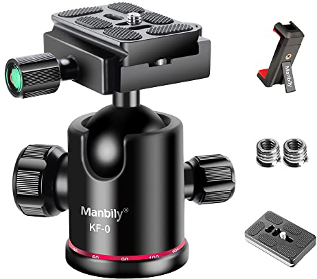 Testa per Treppiede Manbily, Testa a sfera per Treppiede per DSLR Fotocamera reflex, Monopiede, rotazione a 360°alluminio con piastra a sgancio rapido, indicatore di livello, Carico massimo 8kg (KF-0)
