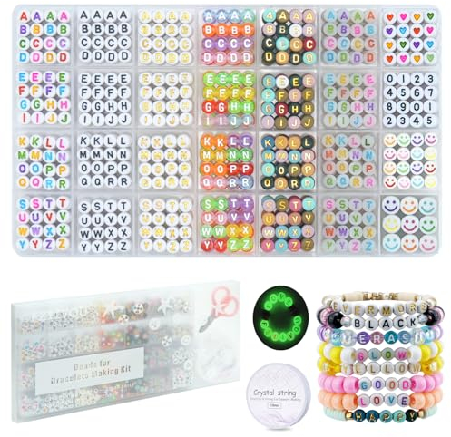 FZIIVQU Buchstabperlen Armband Machen Set, 1400 Stück 6 Farben 4x7 mm Acryl Runde Alphabetperlen Und Auch Zahl Herz Smiley Perlen Perlen Zum Auffädeln,Armbänder Selber Machen