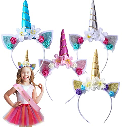 Qunkun 4 Stück Einhorn Haarreif Kinder, Haarreif Einhorn Mädchen, Einhorn Stirnband, Einhornhaareif Kinder, Haarschmuck Karneval,Einhorn Deko Kindergeburtstag, Einhorn Geschenke für Mädchen