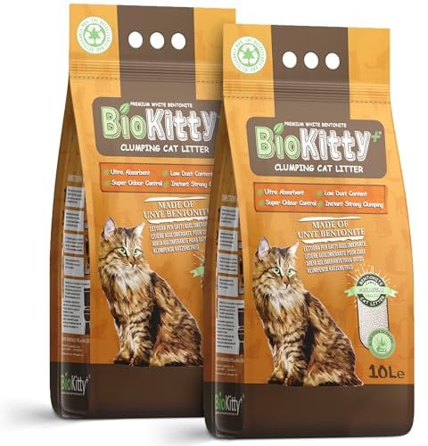 BioKitty Cat Litter, 20L Highly Absorbent Natural Bentonite Minerals, Long Lasting Odour Control, Maximum Hygiene with Strong Cat Litter Clumping, 2x8.5kg/20L 2 bags (Aloe Vera)