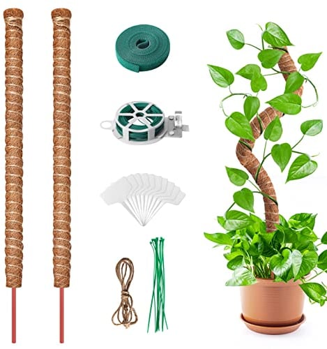 2 Stück 100 cm Moosstab, Joycabin Biegbar Kokosfaser Monstera Rankhilfe für Kletterpflanzen, Rankhilfe Zimmerpflanzen mit Pflanzenetikett, Kabelbinder, Pflanzenbinder, Pflanzenstab