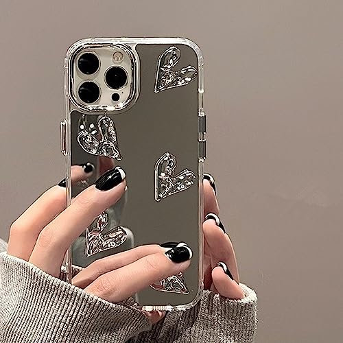 Cute Silver 3D Heart Trendy Mirror Phone Case for iPhone 13 Pro Max Case for Teen Girls Women - 6.7 Inch