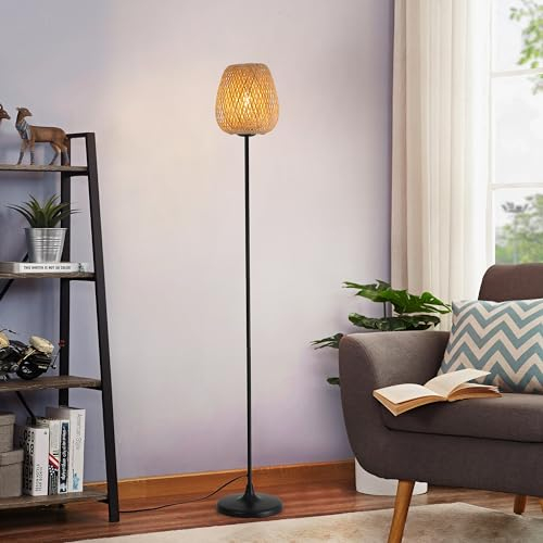 SUNLLOK Lampe De Sol Boho En Rotin, Industrielle En Bambou Lampe Sur Pied Avec Interrupteur à Pied, Lampadaire De Sol Moderne Noire TisséE Pour îLot De Cuisine, Chambre à Coucher, Bureau, Restaurant