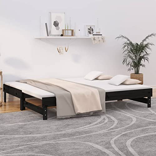 DJEKA Tagesbett Ausziehbar 2X(100x200) cm Jugendbett 100x200 cm Bett Mit Ausziehbett Schwarz-3 Tagesbett 100x200 Ausziehbar Tagesbett aus Holz Tagesbettgestell Sofabett Schlafsofa Massivholz Kiefer