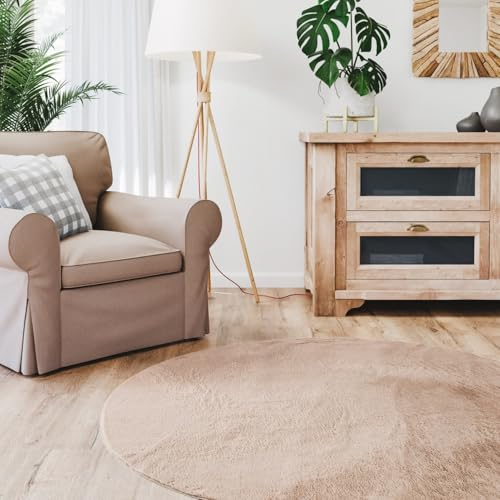 Interiyou Fargo - Teppich Wohnzimmer 160x160 cm Rund Taupe - Kurzflor Waschbar und rutschfest - Flauschiger Fellteppich aus Kunstfell - weicher Langflor Fell