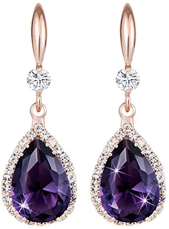 Linawe Purple Dangle Earrings Rose Gold, Imitation Diamond Drop Chandelier Earrings for Women Trendy, Rhinestone Amethyst Crystal Teardrop Dangly Earrings, Wedding Jewellery Set